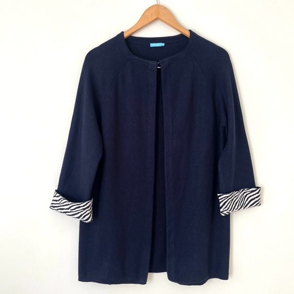 J. McLaughlin Corver Knit Cardigan Navy Blue Long Sleeve Zebra Cuffs - Picture 2 of 9
